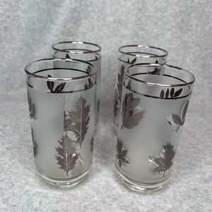 Vintage 60s Libbey Frosted Silver Foliage Autumn Leaf 5.5” Raised Glass Set of 4